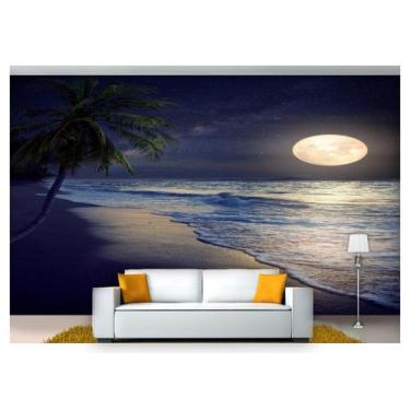Imagem de Papel De Parede Lua Noite Praia Coqueiro 3D  Nsk74 - Você Decora