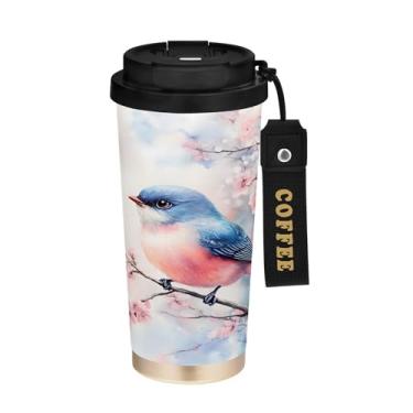 Imagem de SEHANY Caneca de café de viagem Blue Birds 482 g com tampa revestida de cerâmica e à prova de vazamento, parede dupla, isolada a vácuo, copo de aço inoxidável para bebidas quentes e frias