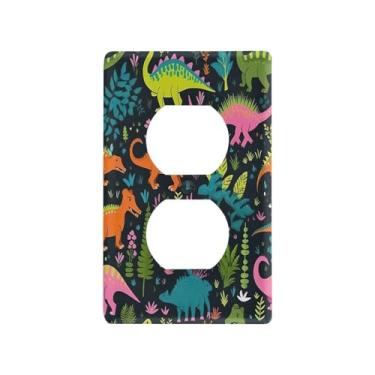 Imagem de Blueangle Placa de parede de tomada dupla de dinossauros coloridos de desenho animado, tamanho padrão, placas de cobertura de tomada elétrica de 1 gangue para decoração de quarto de escritório em casa