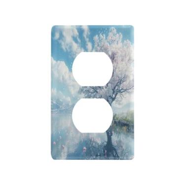 Imagem de Blueangle Placa de parede de tomada dupla de cerejeira branca, tamanho padrão, placas de cobertura de tomada elétrica de 1 gangue para decoração de quarto de escritório em casa, 4,53 x 2,76 polegadas