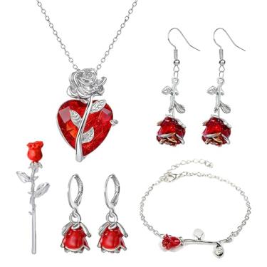 Imagem de QLYOVWE Conjunto de joias de rosa banhado a ouro 18 K para mulheres, 5 peças, colar de cristal de coração, brincos de flor de rosa vermelha, alfinetes, casamento, dia dos namorados, presente de Natal