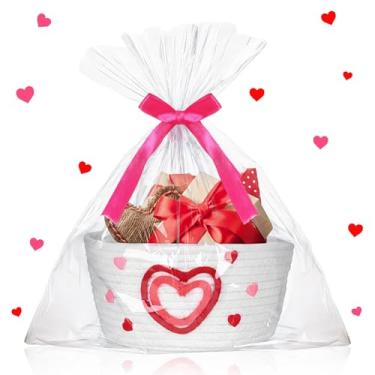 Imagem de Qinyoung Cesta de tecido de 25 x 20 x 12 cm para o Dia dos Namorados com sacos de presente e fitas cor-de-rosa, cesta de armazenamento de coração feliz dia dos namorados, ideia de presente para