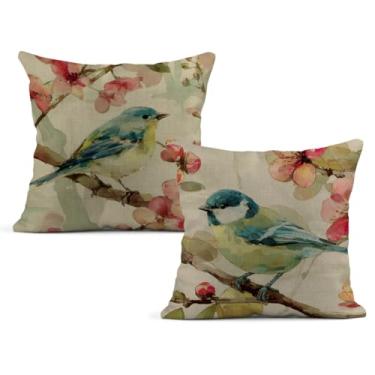 Imagem de Awowee Conjunto de 2 capas de almofada, design vintage de pássaros e flores em aquarela para decoração de casa, capa de almofada quadrada de linho, 45 x 45 cm
