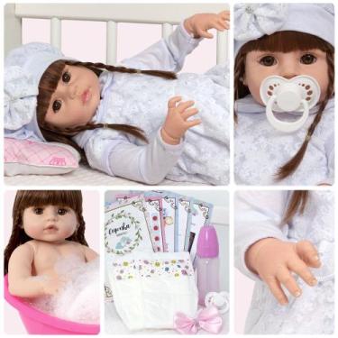 Imagem de Bebe Reborn Realista Menina Cabelo Castanho Enxoval 13 Itens - Cegonha