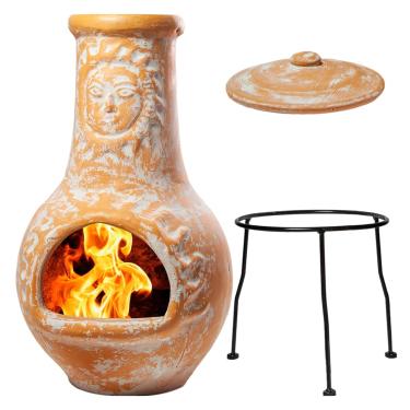 Imagem de Wiosi Médio Chiminés de argila para lareira ao ar livre com tampas de chuva de chaminé e suportes de metal sólido - Chimenea de terracota amarela - Chimneia rústica para fogueira 40,6 x 40,6 x 81,3