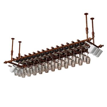 Imagem de Suporte de garrafa de vinho montado no teto, suporte de metal ajustável para copos de vinho, suporte de armazenamento de vinho para exibição vintage, prateleira flutuante de garrafa de utensílios de