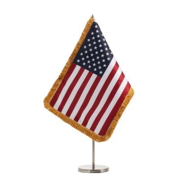 Imagem de Flagolden Conjunto de bandeira americana de mesa com franja, bandeira americana dos EUA 25 x 33 cm com suporte para decoração de escritório, bandeira de mesa dupla face com base de suporte de metal