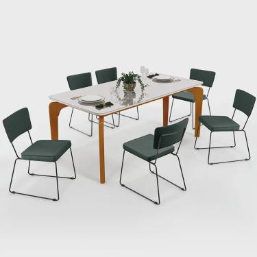 Imagem de Mesa De Jantar Capri 160cm Off White Nature Com 6 Cadeiras Allana B05 Linho Verde Musgo - Lyam Decor