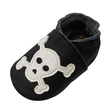 Imagem de YIHAKIDS Sapatos de couro para bebês primeiros passos mocassins infantis sola macia bonito meninos meninas rastejando chinelos, Black,skull, 12-18 Months Infant