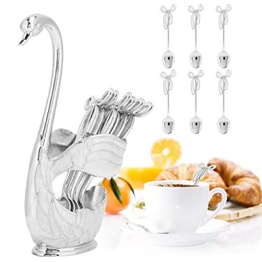 Imagem de Watris Veiyi Conjunto de colheres pequenas de aço inoxidável com base de cisne, 6 peças, para bolo de café, sobremesa, sorvete, chá (prata)