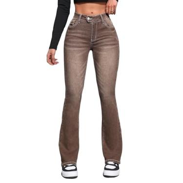 Imagem de SweatyRocks Calça jeans feminina de cintura baixa casual com zíper e perna flare, calça jeans com bolso, Marrom café, PP