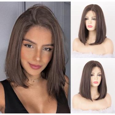 Imagem de VEDAR Perucas curtas marrom para afros, cabelo sintético sem cola, peruca com tela frontal, peruca bob curta, parte do meio curta peruca reta com cabelo de bebê, 40,64 cm VEDAR-028-12