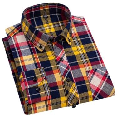 Imagem de Camisa xadrez masculina de manga comprida com bolso único e ajuste padrão de flanela, 7710, P