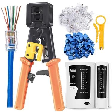 Imagem de Kit de ferramentas de crimpagem RJ45, ferramenta de crimpagem (laranja) com 1 desmontador de fios de rede, 1 cabo testador e 50 conectores RJ45 Cat6, conjunto profissional de ferramentas de reparo de rede de testador de cabos LAN
