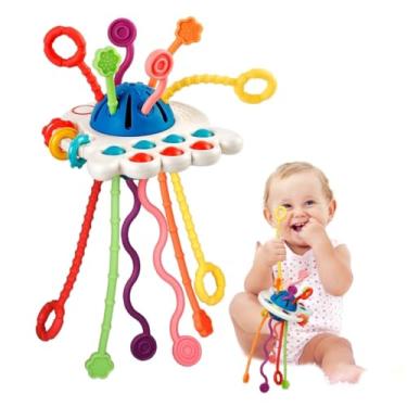 Imagem de Brinquedo Montessori Sensorial Silicone Puxador Cordão Mão Bebê 4 em 1 Infantil (Bolinha Central Azul)