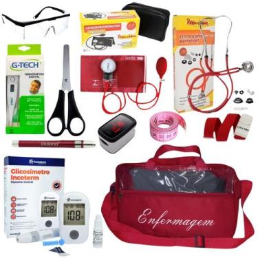 Imagem de Kit de enfermagem com esfigmo esteto medidor de glicose oxímetro e bol