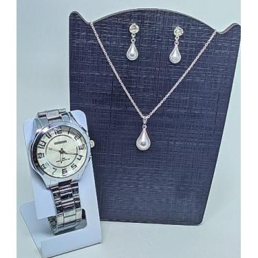 Imagem de Kit Relógio Feminino Redondo Liso Aço Inox Analógico Quartzo Dourado P