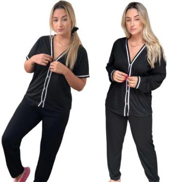 Imagem de Kit 2 Pijamas Femininos Aberto De Botões Inverno Manga Longa - PIJAMAS