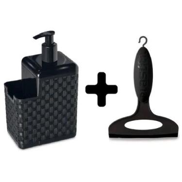 Imagem de Kit Porta Detergente e Sabonete Líquido + Rodinho De Pia Preto Luxo Ra