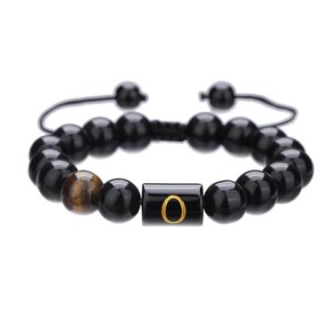 Imagem de RINTOLER Pulseiras masculinas com contas iniciais feitas à mão 10 mm natural ônix preto olho de tigre pulseira de corda trançada ajustável., Adjustable, Pedra, Olho de tigre