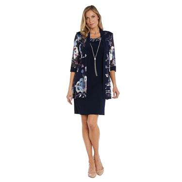 Imagem de R&M Richards 2 peças, comprimento até o joelho, estampa floral, folha, vestido rodado, Azul-marinho/pervinca, 52