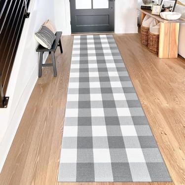 Imagem de Aoczes Tapete xadrez Buffalo 6 x 20 m, cinza e branco, tapete de corredor de fazenda tapete de corredor de algodão lavável para entrada/cozinha/lavanderia/quarto/sala de estar