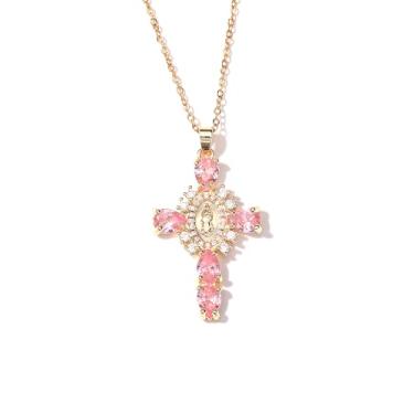 Imagem de GIGB PBDK Colar de cruz de strass banhado a ouro para mulheres, pingente de crucifixo de medalha milagrosa cintilante, colar de corrente fina, presente de joias de batismo católico doce, Large, Liga