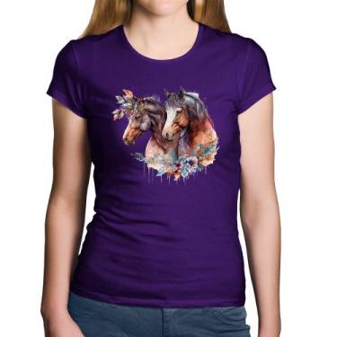 Imagem de Baby Look Algodão Casal de cavalos e flores - Foca na Moda, Roxo, P
