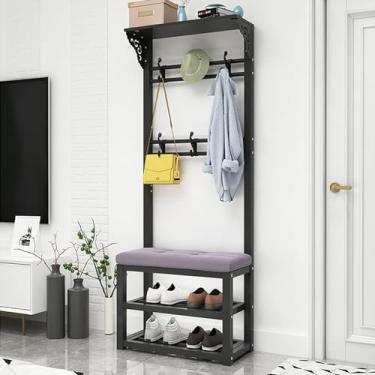 Imagem de Cabide de árvore 4 em 1 independente com prateleiras de armazenamento de 2 camadas e 8 ganchos duplos para entrada com banco e armazenamento de sapatos, para roupas, chapéu, bolsa guarda-chuva