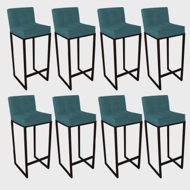 Imagem de Kit 08 Banqueta Alta Linne Com Encosto Cozinha Bar Balcão Bistrô Ferro Preto Suede Azul Turquesa - Ahz Móveis