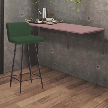 Imagem de Kit Mesa Suspensa de Parede Fixa mdf Rosa + 1 Banqueta Lexi Ferro Marrom Suede Verde - Ahazzo Móveis