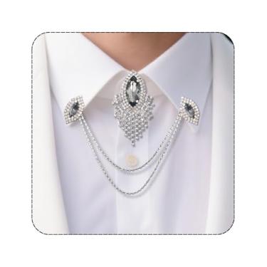 Imagem de PEARLY JUN Conjunto de alfinetes de corrente de colarinho e abotoaduras, clipes de gravata de camisa de strass de prata para mulheres e homens, broche de lapela terno xaile cardigã acessórios de
