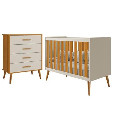 Imagem de Jogo de Quarto Infantil com Berço Americano Isis em MDF Bege com Cômoda 4 Gavetas para Bebê