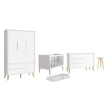 Imagem de Dormitório Theo 3 Portas, Mesa De Canto Branco Com Pés Madeira Natural E Colchão D18 -...