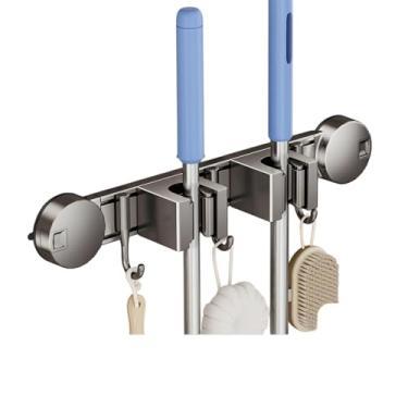 Imagem de Suporte de parede para esfregão e vassoura, ventosa com 3 compartimentos e 4 ganchos, organizador de ferramentas de jardim para armário, garagem, lavanderia, cozinha, decoração (pequeno)