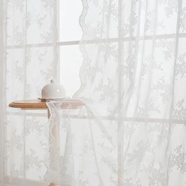 Imagem de MEETSKY Cortinas Lace Cafe 137 cm de comprimento, cortinas de cozinha vintage para janelas pequenas aba traseira francesa elegante cortina de renda transparente cortinas de filtragem de luz para casa