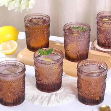 Imagem de Conjunto de copos de vidro vintage de 170 a 300 ml, copos de água roxos, copos de vidro em relevo para suco, cerveja, coquetel, uísque, várias bebidas mistas