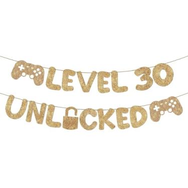 Imagem de Fulmoon Banner pré-amarrado nível 30 desbloqueado glitter decorações de festa de 30 anos engraçado 30 anos placa para homem mulher interior exterior (ouro champanhe)