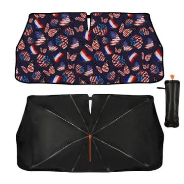 Imagem de Guarda-sol de para-brisa de carro - Guarda-sol com bandeira americana borboletas guarda-sol para janela dianteira do carro, bloqueiam raios UV guarda-chuva dobrável para para-brisa protetor de viseira