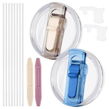 Imagem de Dsnirasy 2 peças de tampa de canudo dobrável à prova de derramamento para copo Stanley, tampa à prova de vazamento de 850 g para Stanley H2.0 Quencher ProTour, com bocal removível (creme + azul escuro