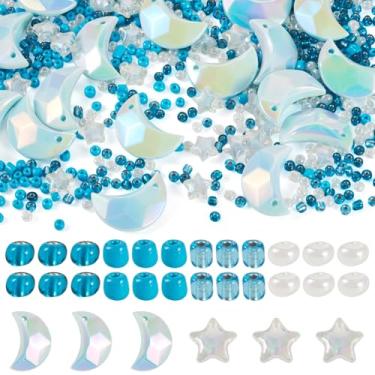 Imagem de Spritewelry Kits de pulseiras de contas DIY 60 g contas de semente de vidro azul 20 peças arco-íris iridescente acrílico lua pingentes 25 peças contas de acrílico para fazer joias faça você mesmo
