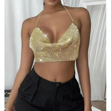 Imagem de B0406-Blusa Top Cropped Dourado Prateado Preto Sutiã Strass Brilho Fes