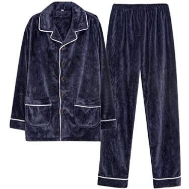 Imagem de ifgswopq Conjunto de pijama masculino de flanela com botões e mangas compridas inverno grosso casual conjuntos de roupa de dormir para homens (azul-marinho X)