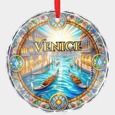 Imagem de Ornamento de cristal Veneza Itália – Cena de canal e gôndola de vitral com estampa redonda plana, disco de cristal de 7,6 cm (0,6 cm de espessura) com bordas chanfradas – enfeite de Natal de lembrança