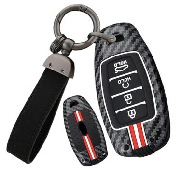 Imagem de ontto Capa para chave de carro para controle remoto inteligente compatível com Hyundai Kona Azera Grandeur IG Elantra GT Santa Fe Veloster Venue 2018-up, com chaveiro, 4 botões branco-vermelho tiras