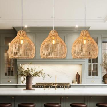 Imagem de 3 Pendente Colonial Rattan Fibra Natural Bancada Mesa Nat38 - Acienda