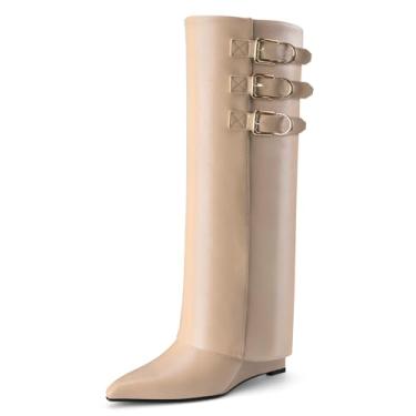 Imagem de Perisis Botas femininas dobráveis cano alto tubarão salto cunha fivelas de couro bico fino puxar botas longas, Poliuretano bege, 36