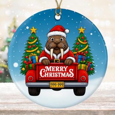 Imagem de DamienBrightGift Enfeite de Natal Morsa em Caminhão Vermelho - Decoração de Cerâmica de Animal Papai Noel Bonito - Presente de Lembrança de Feriado de Animal Marinho Engraçado - Decoração de Árvore de