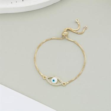 Imagem de Pulseira feminina com olho turco delicada, banhada a ouro branco 14 K, zircão, pingente de olho turco, joia minimalista ajustável, Medium, Metal, Sem Pedra Preciosa