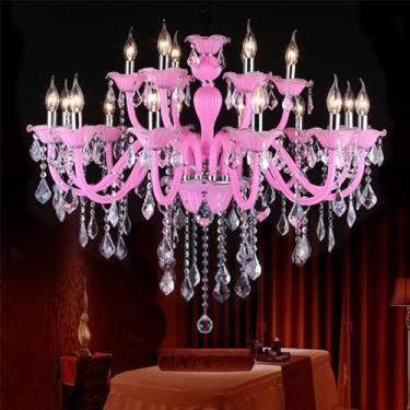 Imagem de Lustre de cristal rosa europeu para velas, luxuoso, ideal para sala de estar, restaurante, quarto, quarto de menina, casa de campo, loja de roupas, salão de beleza, café, bar, karaokê (aprox